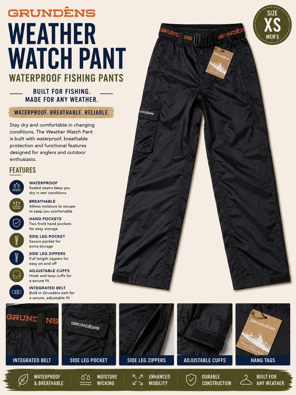 Grundens Weather Watch Rain Pants XS Black Waterproof Breathable NWT